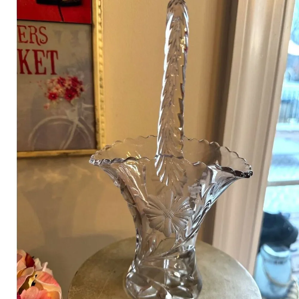 Vintage cut glass basket with top handle; gorgeous